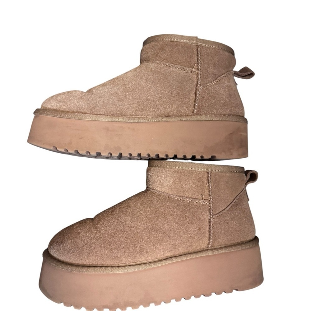 PROJECT CLOUD Suede Women’s Classic Mini Platform Lined Boots Cozy SZ 8.5 Taupe